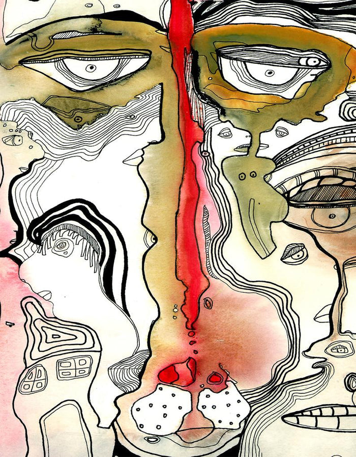 Abstract Mixed Media Shower Curtain 'Complicated' — in bathroom view