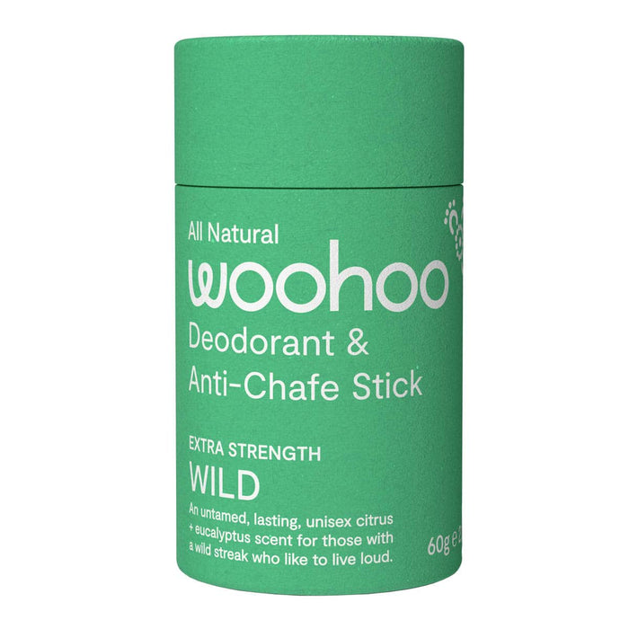 Green deodorant stick with Woohoo branding on a white background.
