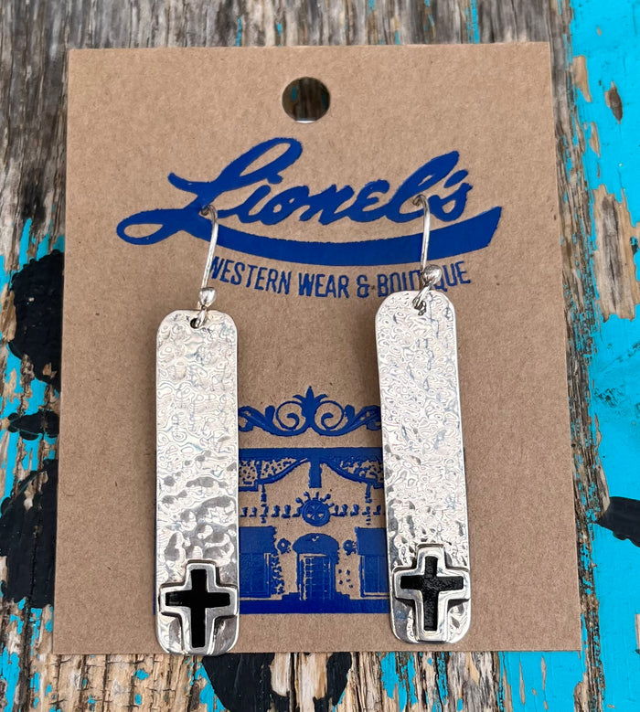 Sterling Silver Bar Earrings w/ Cross