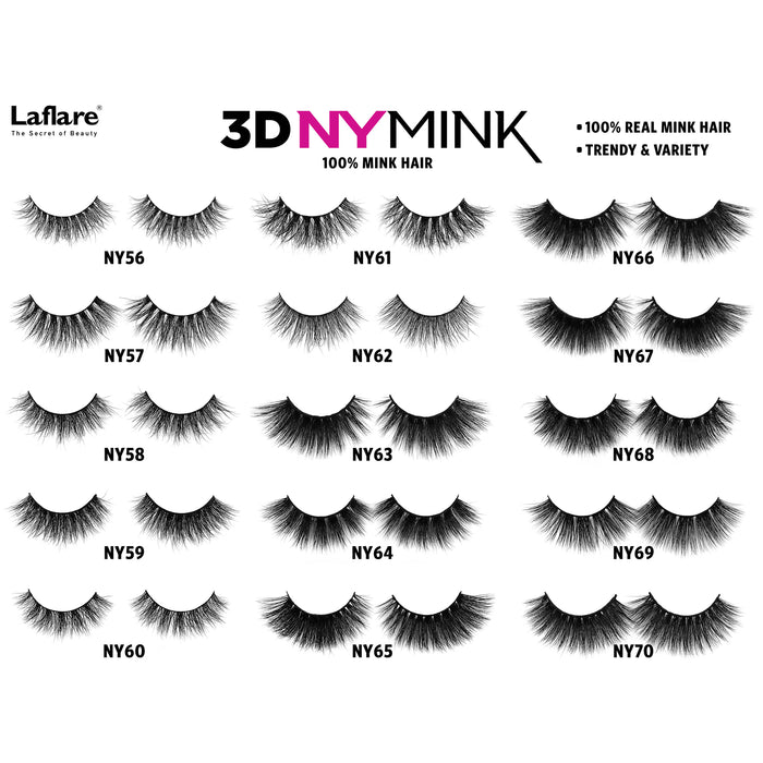 Laflare 3D mink lashes display showing multiple NY style numbers from NY56 to NY70 on white background