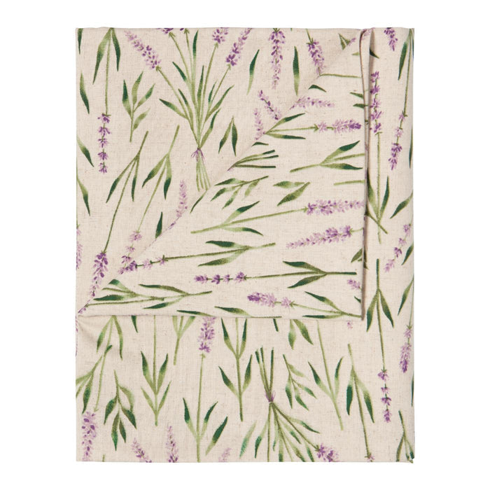 Floral patterned fabric with green leaves and purple flowers on a white background