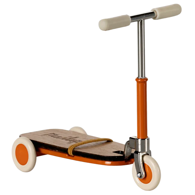 An image of a child's toy scooter with orange details and white wheels, designed to look like a mouse with a kickboard.