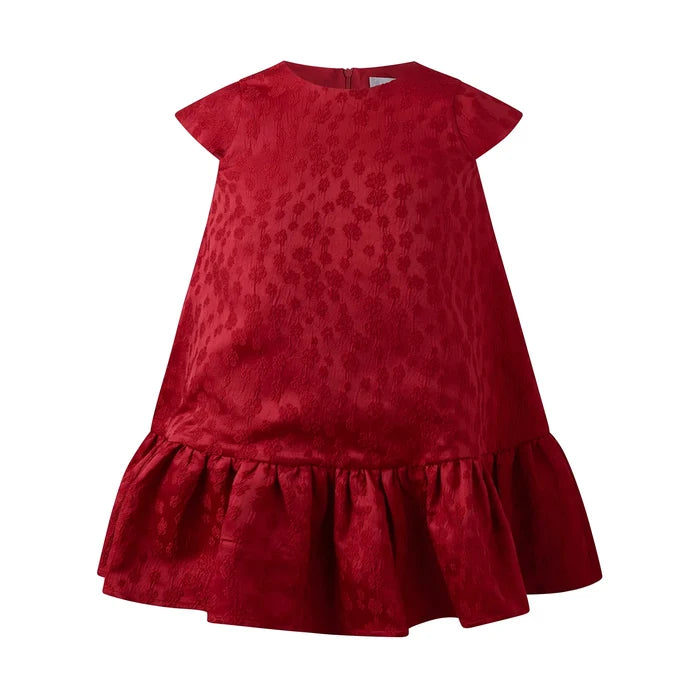 Rachel Riley Red Petal Damask Drop Hem Dress