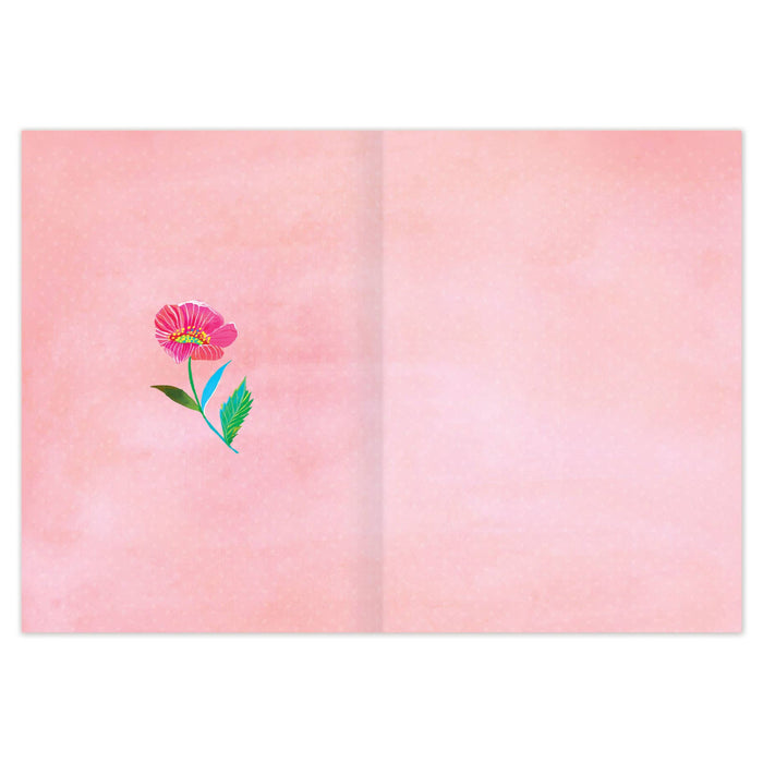 Open card with a pink flower illustration on a pink background