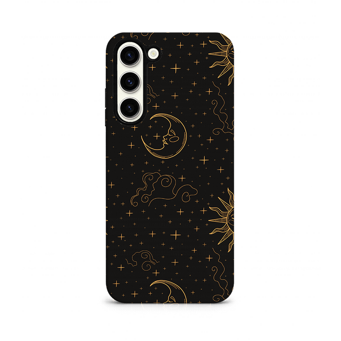 Phone case with celestial design on a black background