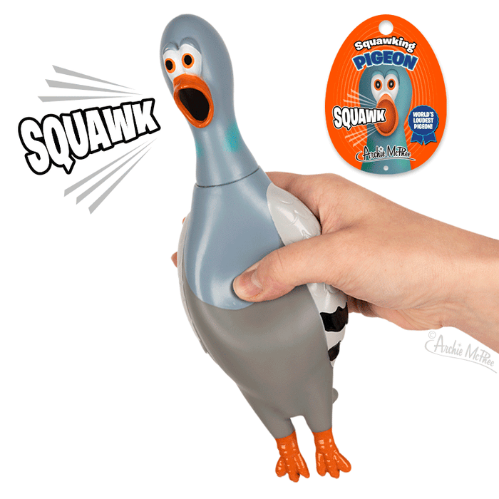 A hand squeezes a Squawking Pigeon toy made of vinyl, emitting a loud SQUAWK sound, with its packaging visible.