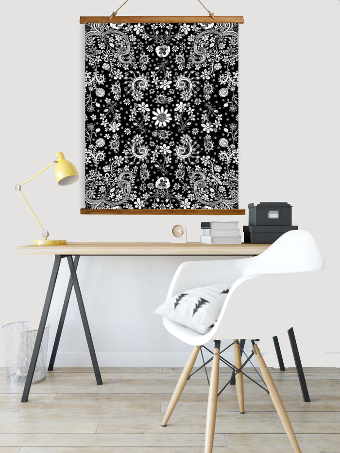 Whimsical Wood Slat Tapestry 'Birds of a Flower' — close-up