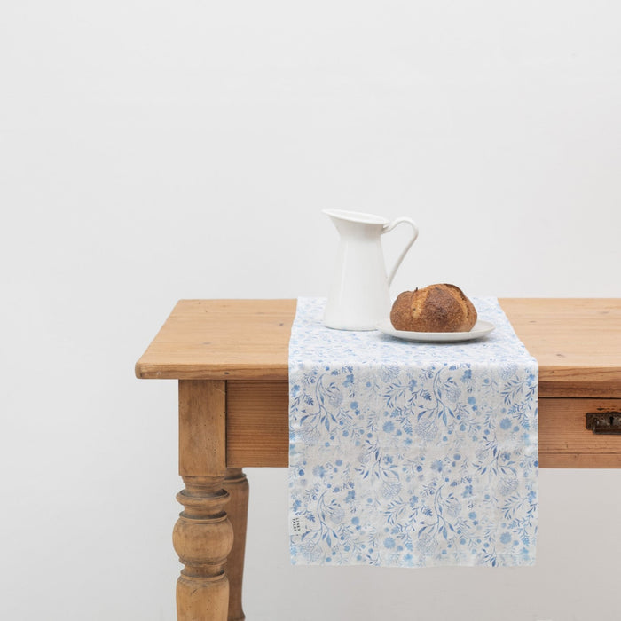 White Botanical Blue Linen Table Runner - Linen Tales
