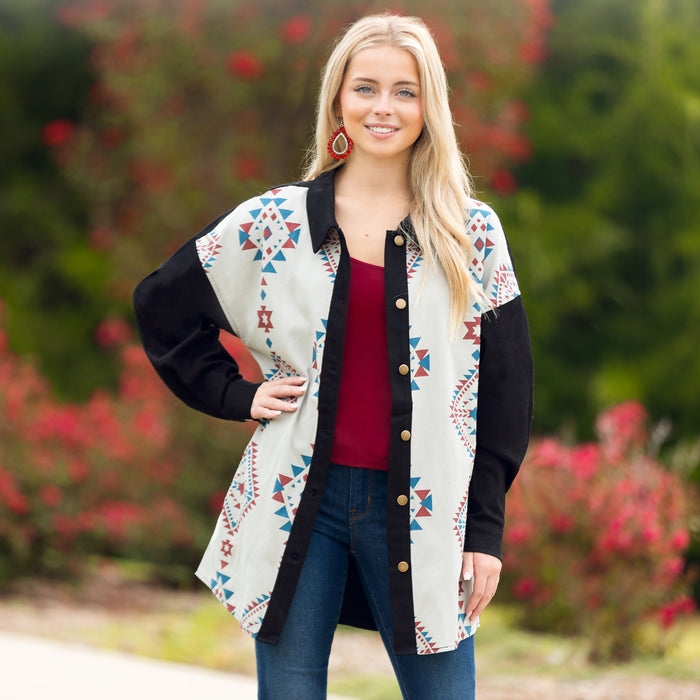 10929 - Western Geometric Print Shacket with Pockets