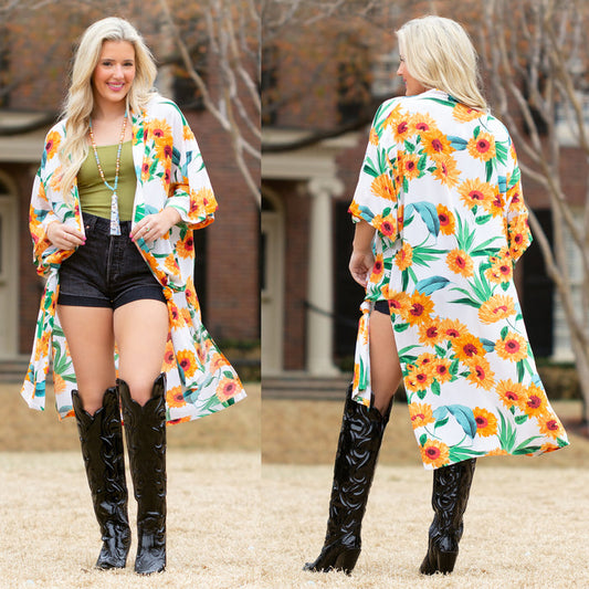 6646 - Floral Print Duster - White