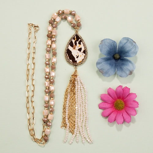 72768 - Animal Print Beaded Tassel Necklace - Beige