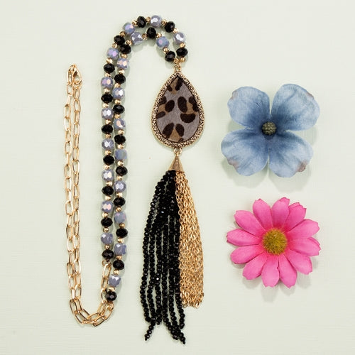 72768 - Animal Print Beaded Tassel Necklace - Black