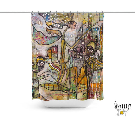 Abstract Mixed Media Shower Curtain 'City Creatures' — C. Cambrea, Sincerely Joy