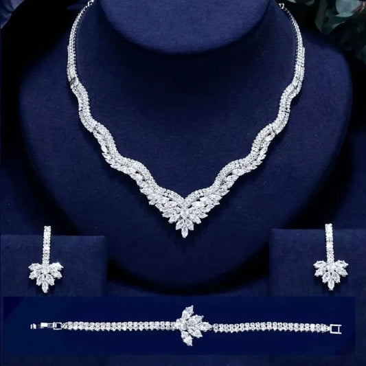 Wedding Jewelry - Silver Cubic Zirconia Bridal Three-Piece Jewelry Set