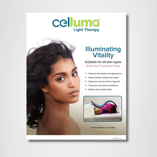 Aesthetic poster for in clinic use of a girl and some Celluma benefits.