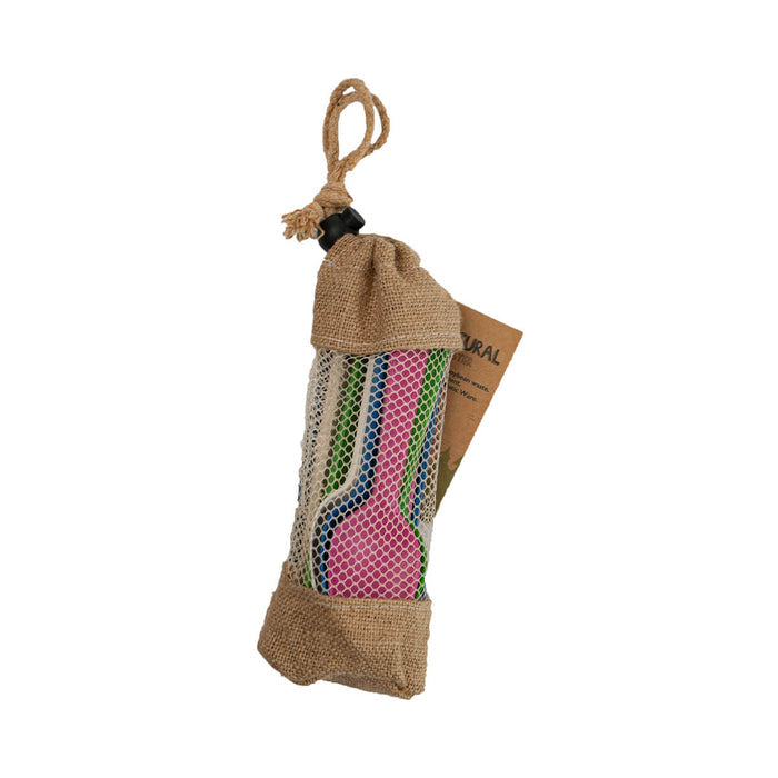 EcoSouLife All Natural Cutlery Cluster - Tokyo in its carry bag, biodegradable and reusable cutlery set in multicolour.