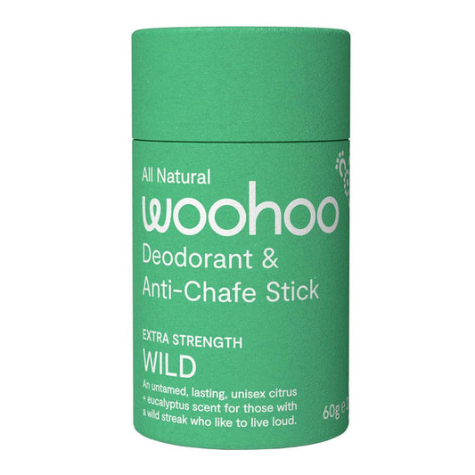 Green deodorant stick with Woohoo branding on a white background.