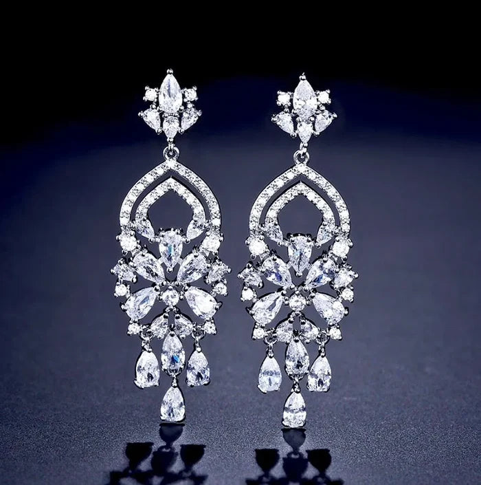 Wedding Jewelry - Silver Cubic Zirconia Bridal Earrings