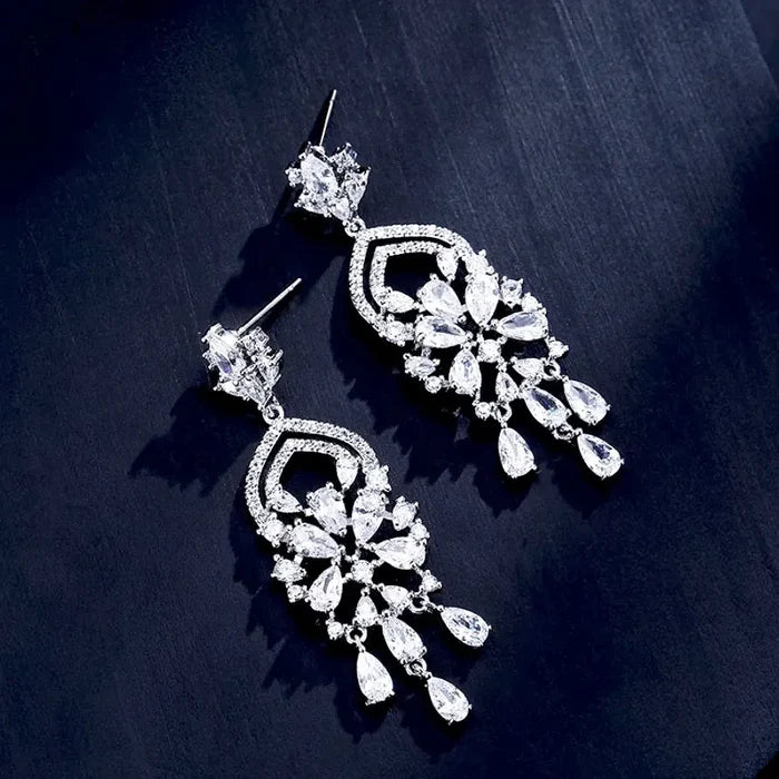 Wedding Jewelry - Silver Cubic Zirconia Bridal Earrings