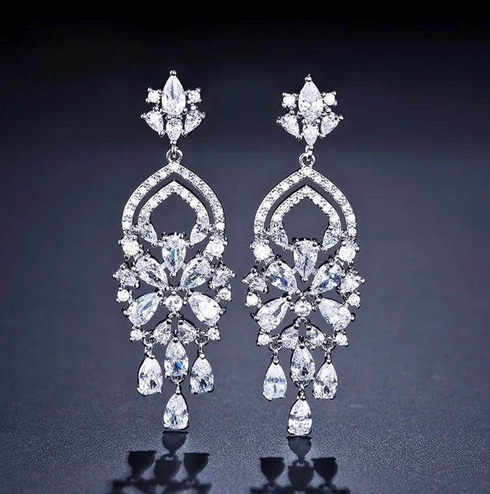 Wedding Jewelry - Silver Cubic Zirconia Bridal Earrings