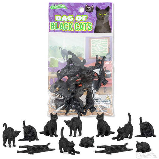 Bag of Black Cats: includes 12 small black cat figurines in playful poses—perfect for Halloween décor or collectors.
