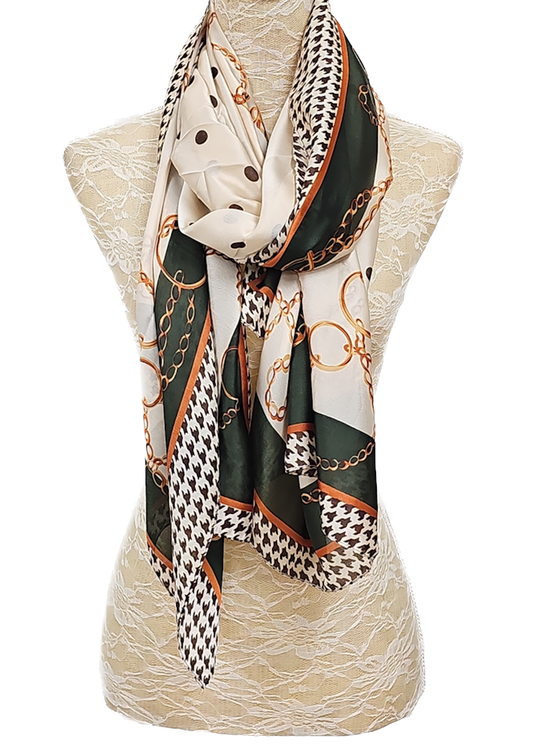 Beige & Green Chain Printed Silk Feel Scarf