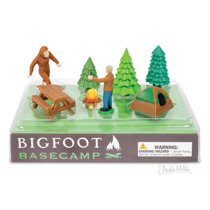 The Bigfoot Basecamp includes soft vinyl figures, a camper, campfire, picnic table, trees, and a tent. It's ideal for desktop display or imaginative playtime adventures!