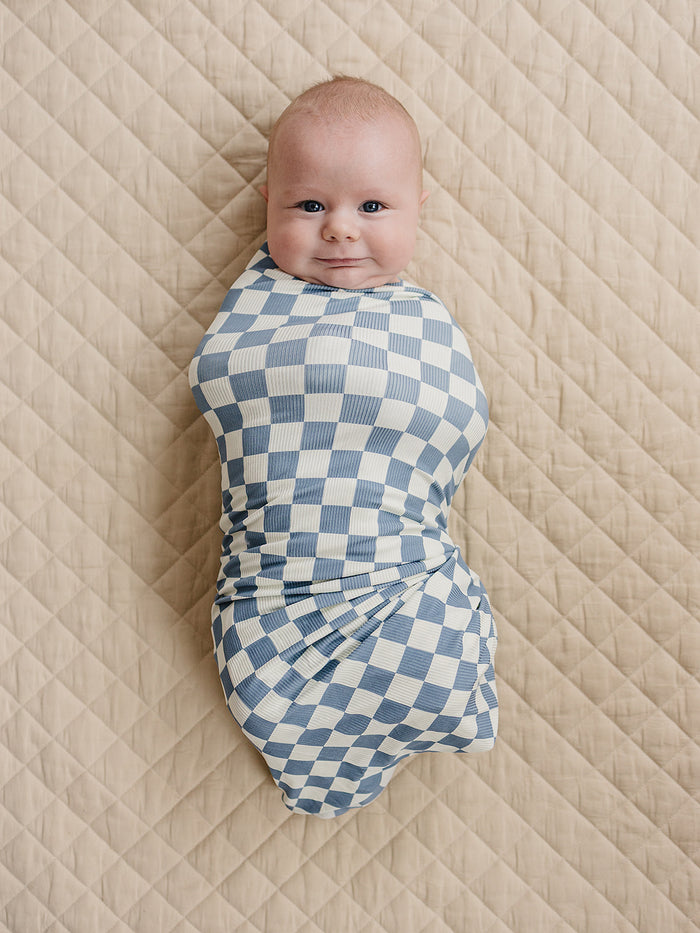 Blue Checkered Ribbed Bamboo Stretch Swaddle