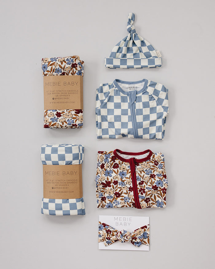 Blue Checkered Ribbed Bamboo Stretch Swaddle
