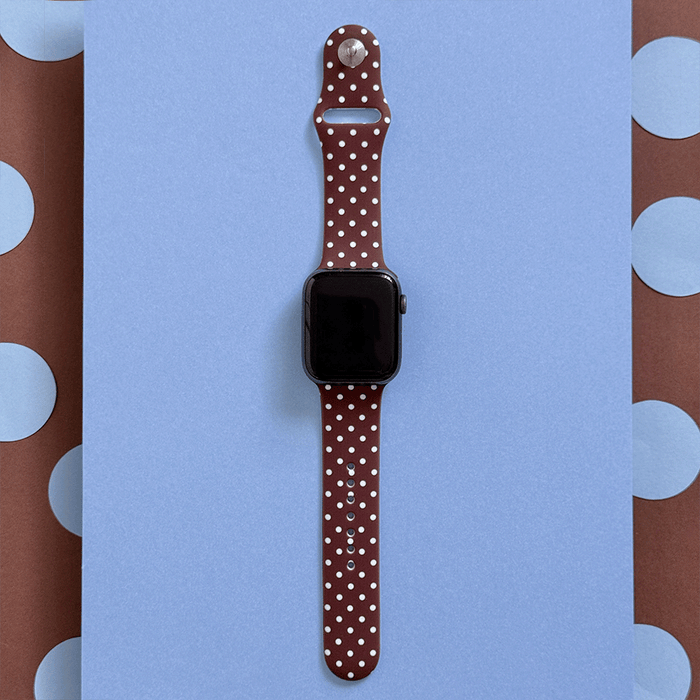 Brown Apple Watch Strap with blue polka dot design