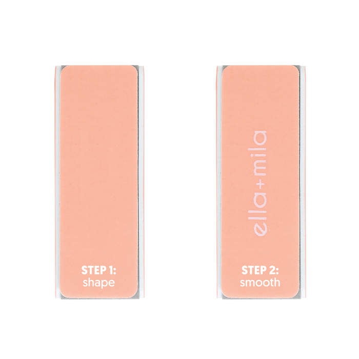 Two peach nail buffer blocks, step 1 shape and step 2 smooth
