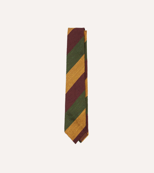 Burgundy, Gold and Olive Block Stripe Shantung Silk Tie