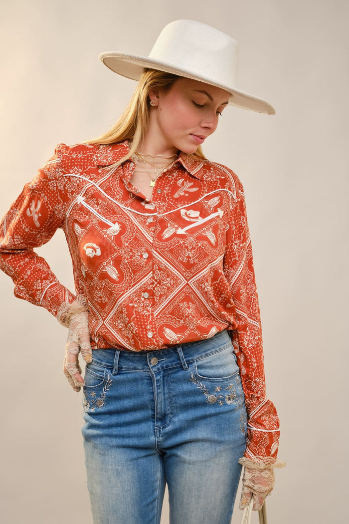 Burnt Orange Western Printed Button Up Shirt