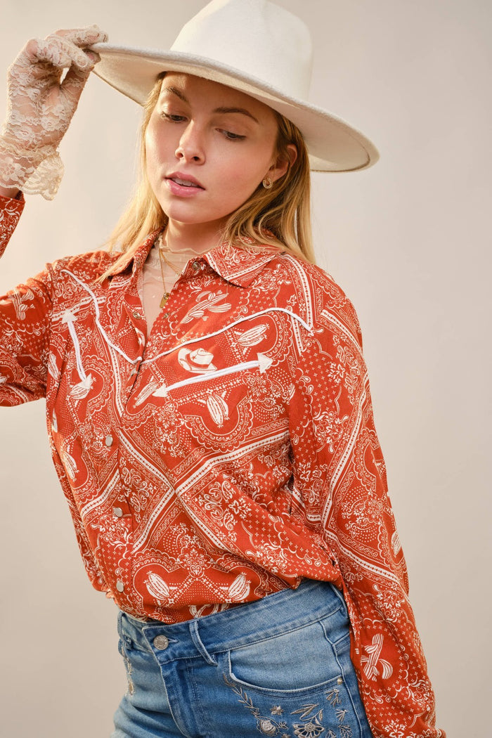 Burnt Orange Western Printed Button Up Shirt