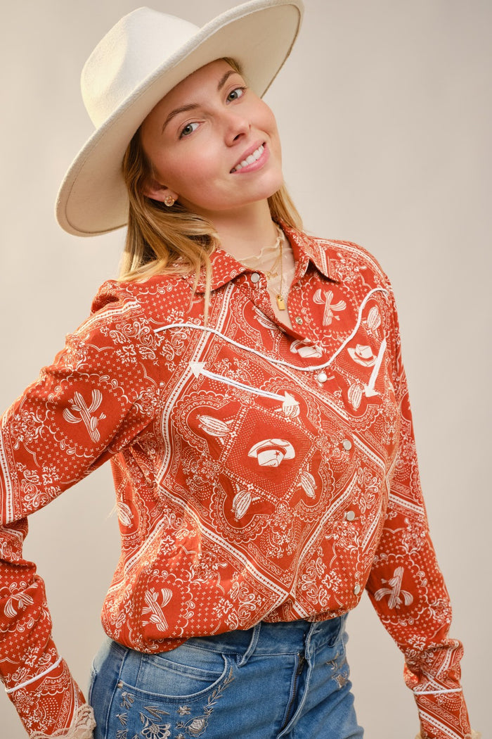 Burnt Orange Western Printed Button Up Shirt