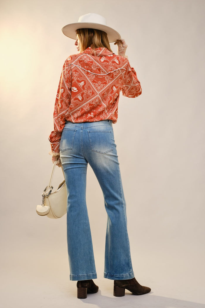 Burnt Orange Western Printed Button Up Shirt