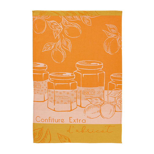 An orange and white cotton tea towel with a floral and jar pattern, and the text 'Confiture Extra' printed on it.