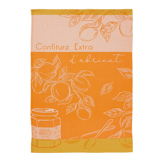 An orange and yellow cotton tea towel with apricot illustrations and text 'Confiture Extra d'abricot'.
