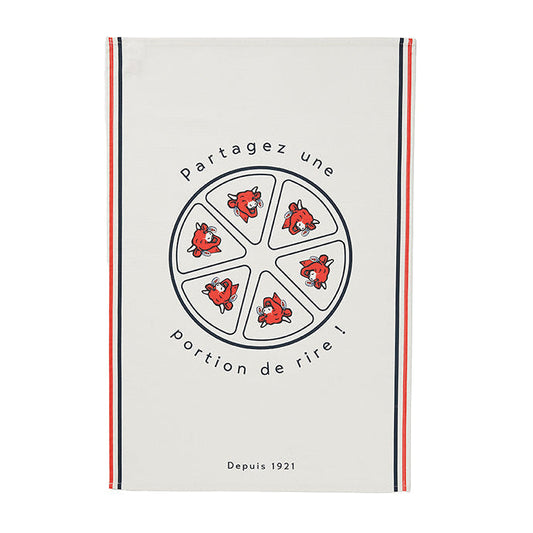 White cotton tea towel with a circular graphic containing smaller images of a cow's face and text reading 'Partagez une portion de rire!' with a red and black striped border at the top.