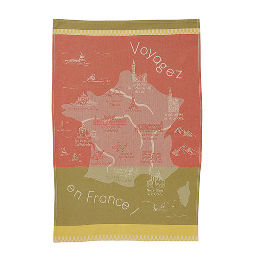 A multicolored cotton tea towel with a map of France print, predominantly red and green, with the text 'Voyage en France' on the lower part.