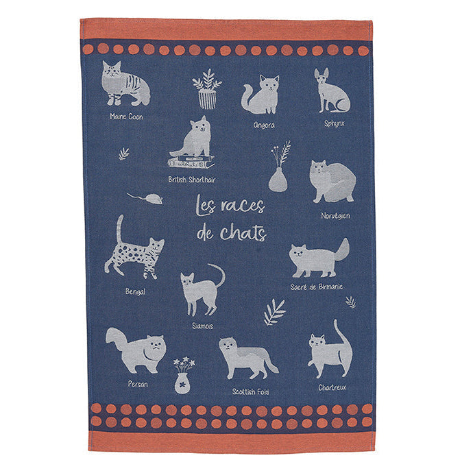 A blue cotton tea towel with orange trim, featuring illustrations of various cat breeds.