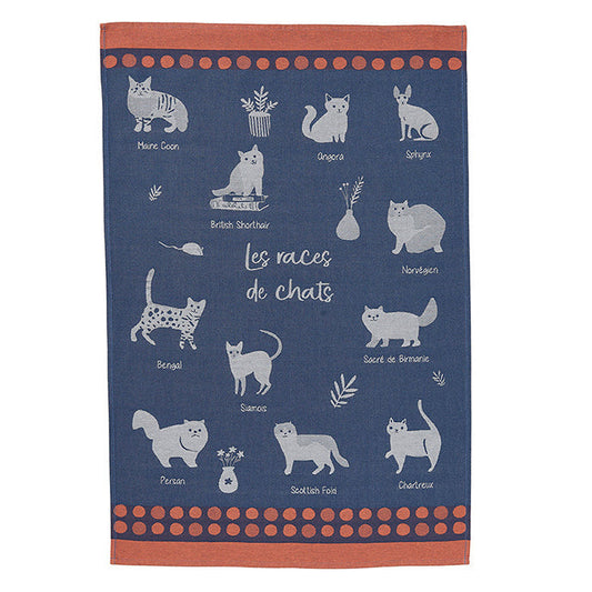A blue cotton tea towel with orange trim, featuring illustrations of various cat breeds.