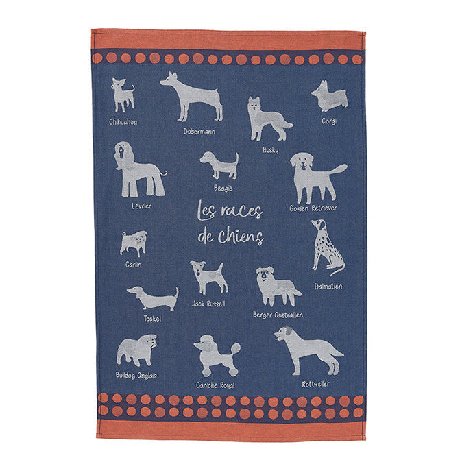 A blue cotton tea towel with a red border featuring illustrations of various dog breeds and the text 'les races de chiens'.
