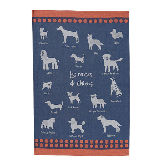 A blue cotton tea towel with a red border featuring illustrations of various dog breeds and the text 'les races de chiens'.