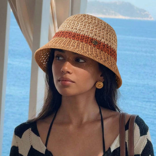 Crochet Beach Bucket Hat with Rose Charm - Shades of Beige