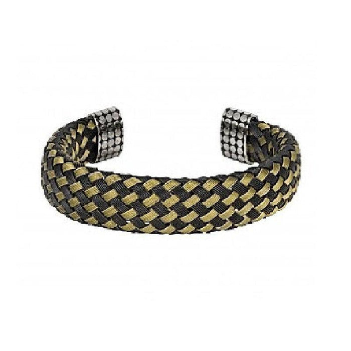 Cudworth Black and Gold Woven Steel Cuff BraceletEnhance your semi-formal attire with the Cudworth Black and Gold Woven Steel Cuff Bracelet. This distinctive accessory features a gold and black steel weave, complemStainless Steel BraceletsCudworthTheodore Men's JewelryCudworth Black and Gold Woven Steel