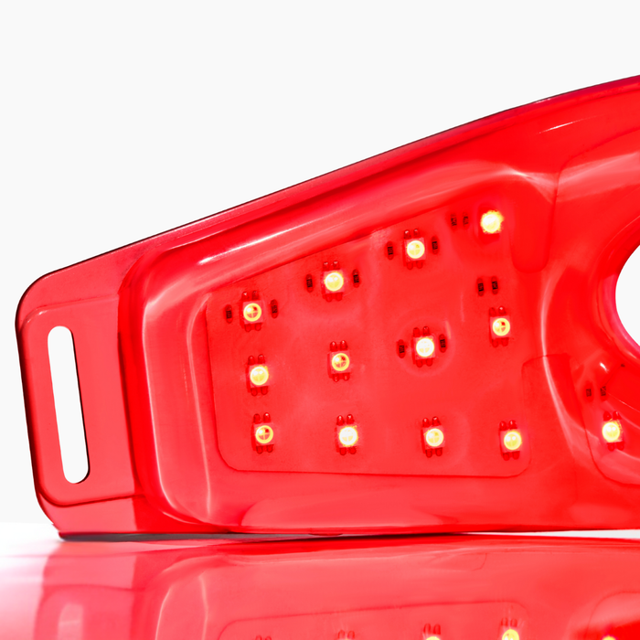 Close up of LED eye mask with lights on