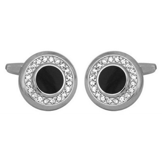 Dalaco rhodium-plated cufflinks with Swarovski crystals and black acrylic center.