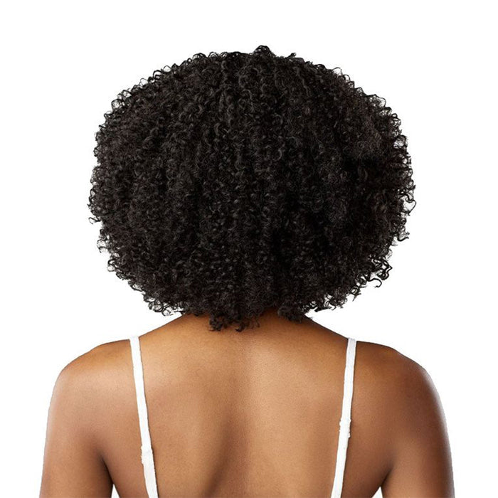 SENSATIONNEL curly bob lace front wig short tight natural black curls back view on model