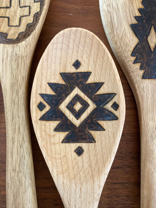 Desert Collection Aztec Design - Burned Wooden Spoons - Plaid and Peaches